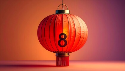 A vibrant red lantern illuminated against a colorful gradient background, featuring the number 8
