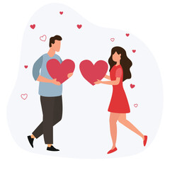 Cheerful couple sharing hearts. Valentine's day love sharing, romantic characters giving hearts to each other flat vector illustration