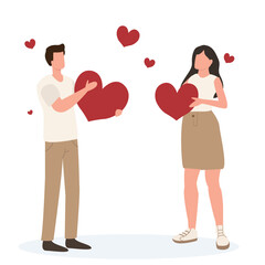 Cheerful couple sharing hearts. Valentine's day love sharing, romantic characters giving hearts to each other flat vector illustration