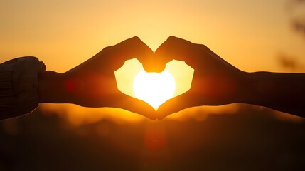 Hands forming a heart shape silhouetted against a bright sunset glow