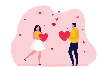 Cheerful couple sharing hearts. Valentine's day love sharing, romantic characters giving hearts to each other flat vector illustration