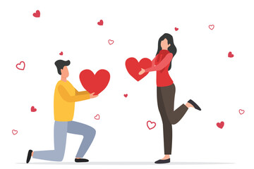 Cheerful couple sharing hearts. Valentine's day love sharing, romantic characters giving hearts to each other flat vector illustration