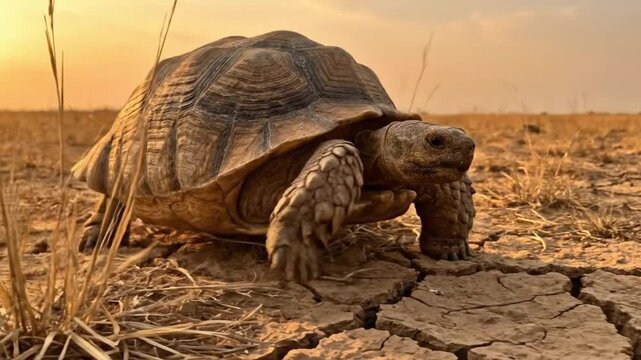 African Spurred Tortoise walking on dry cracked earth during golden hour sunset