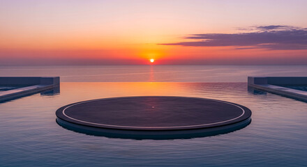 Circular platform in infinity pool at sunset, showcasing ocean view.  Represents serenity, luxury, and relaxation