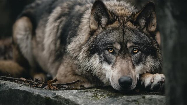 Captivating Close-Up of a Majestic Wolf Resting with an Intense Gaze in its Natural Habitat