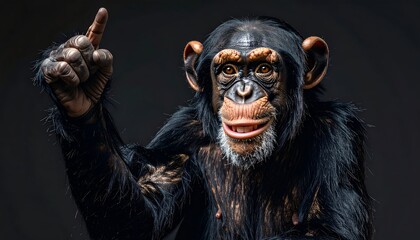 A realistic portrayal of a chimpanzee with an expressive face and raised finger against a dark background
