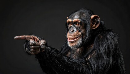 A detailed portrait of a chimpanzee, fur textured, pointing with an expressive facial gesture