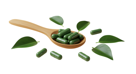 Wooden Spoon with Green Capsules and Leaves