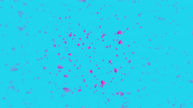 Pink heart shapes being lit up and falling down on light blue gradient background. Abstract background for Happy Valentine's day and wedding ceremony.
