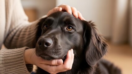 Head and shoulder close up of a beautiful dark brown or black flat coated retriever dog receiving gentle pats and strokes on its head and muzzle from a person wearing a beige knitted sweater indoors