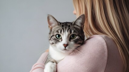 Woman holding a cat over her shoulder, a striped tabby cat with green eyes looking directly at camera, showing close bond between pet and owner in a warm indoor setting with soft lighting