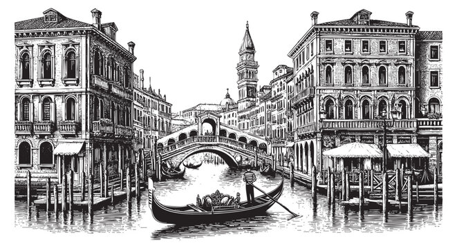 Vector illustration of	man rowing boat in Venice	in detailed engraving style silhouette