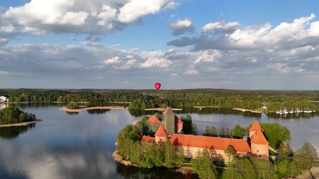 Aerial Drone View of Trakai Island Castle on Lake in Lithuania