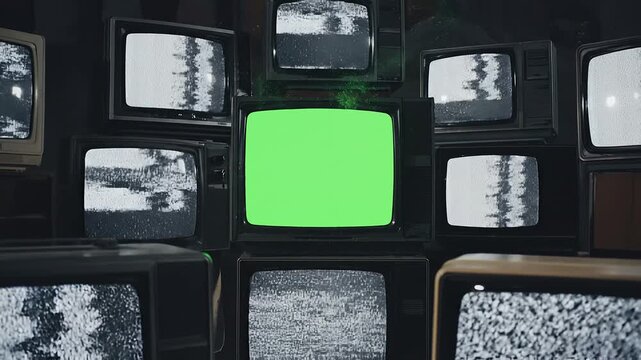 A wall of old televisions with one central screen displaying a bright green screen, surrounded by screens with static or black and white images, in a dark room with a nostalgic and retro