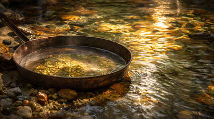 4K Gold panning pan in a sunlit river, a closeup of a rustic metal pan filled with water and potential gold flakes, reflecting golden light image