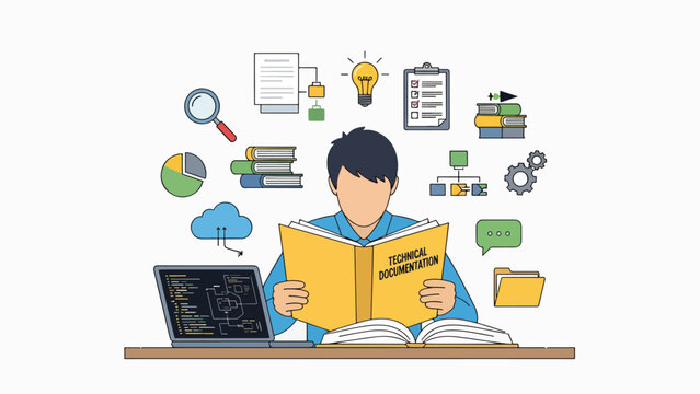 Student reading technical documentation surrounded by learning and technology icons, symbolizing education and knowledge acquisition.