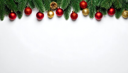 Festive arrangement of green pine branches adorned with vibrant red and gold ornaments