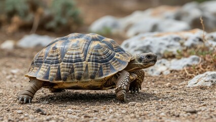 Fototapeta premium A tortoise walks across a rocky path in a natural outdoor environment