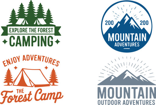 A set of four vibrant logos representing outdoor camping and mountain adventure themes with tents and trees
