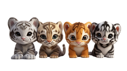 Adorable group of four multi colored tiger cubs sitting together in a row featuring white brown and orange fur patterns looking cute isolated on transparent background