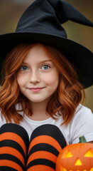 Red-haired girl in witch costume, smiling subtly, holding illuminated pumpkin&Acirc;&nbsp;Halloween theme, evokes childhood innocence and festive spirit