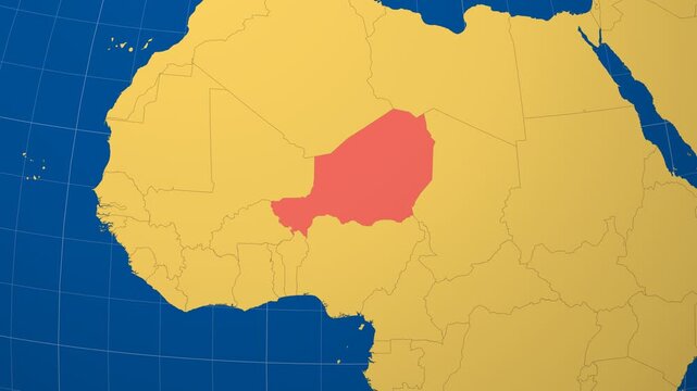 Niger on Globe. Animated zoom into the country in Ocean Blue Golden Yellow color palette. Niger logo animation. Map with meridians, parallels. Artistic video.