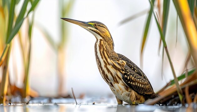A camouflaged bittern stands in shallow water, surrounded by reeds, in soft light