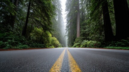 Misty redwood forest road with towering trees and yellow center line