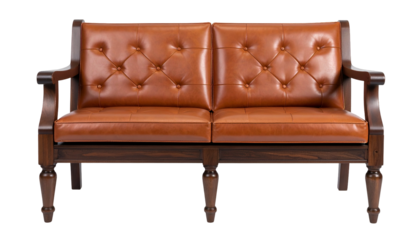 Two-seater sofa with tufted leather cushions, wooden frame and armrests, isolated