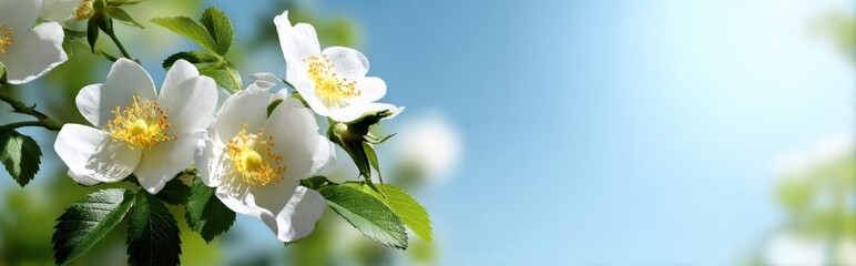 White wild roses blooming against clear blue sky