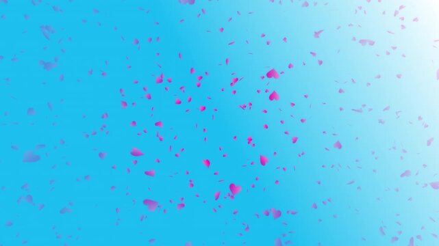 Pink heart shapes being lit up and falling down on light blue gradient background. Abstract background for Happy Valentine's day and wedding ceremony.