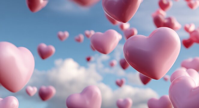 Floating pink hearts in blue sky with clouds