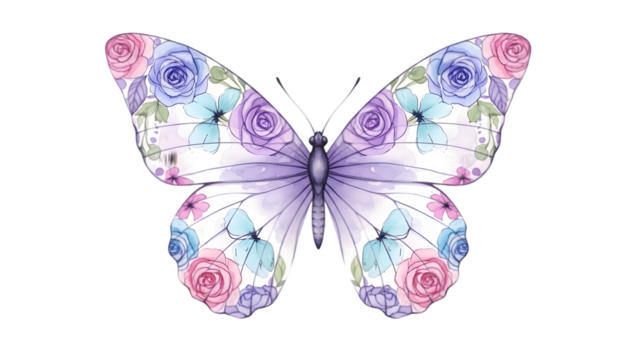 Watercolor Butterfly with Pink Blue and Purple Floral Wings on Transparent Background - Powered by Adobe