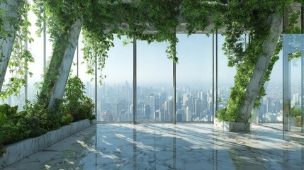 Modern interior with green plants and city view through large windows