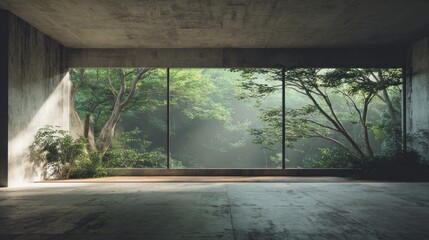 Modern interior with large window overlooking lush green trees outdoors