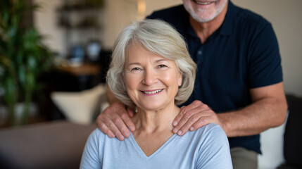 Obraz premium Man giving a neck massage to a smiling woman sitting in a chair, senior couple wellness and relaxation at home, soft morning light streaming through a window, cozy living room with