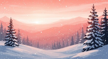 Snowy Winter Landscape with Pine Trees at Sunset