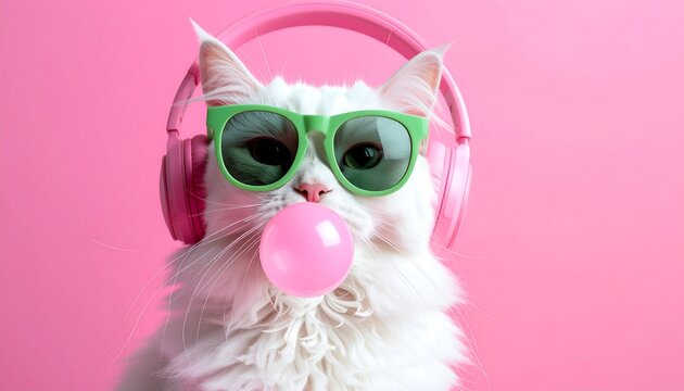 A fluffy white cat with pink bubble gum and sunglasses wearing headphones on a pink background