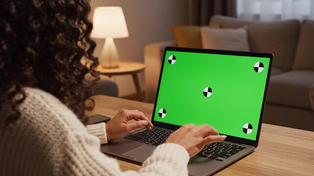 Woman sitting at a wooden desk in a cozy living room, typing on a laptop with a green screen and motion graphics elements.
