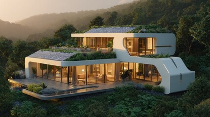 Modern luxury home surrounded by nature with glass walls and lush greenery