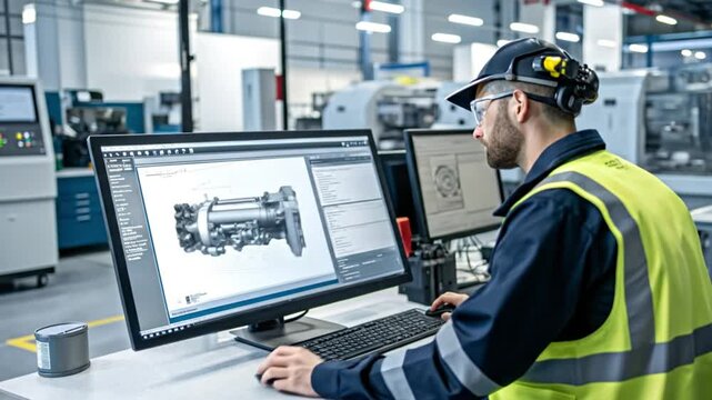 Engineer working on computer-aided design in industrial setting with multiple monitors and machinery in background