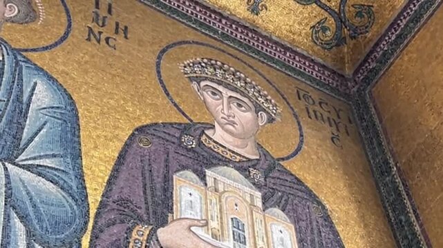 Saint Justinian Offering Hagia Sophia Mosaic Artwork Historical Religious Iconography