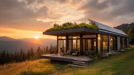 Modern house with green roof at sunset over mountains and forest
