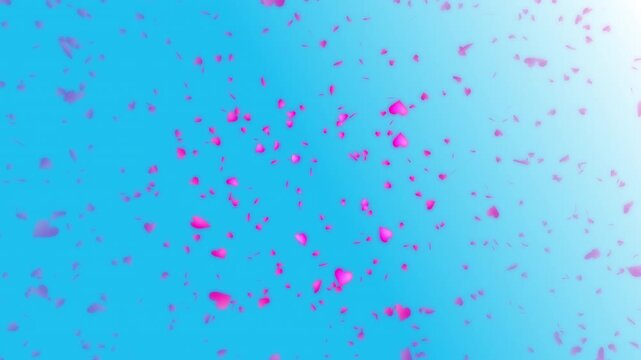 Pink heart shapes being lit up and falling down on light blue gradient background. Abstract background for Happy Valentine's day and wedding ceremony.
