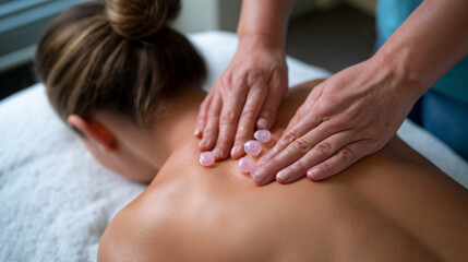 Woman receiving cupping therapy on her back, traditional Chinese medicine treatment for pain relief and relaxation, hijama at spa salon concept, overhead angle showing symmetrical