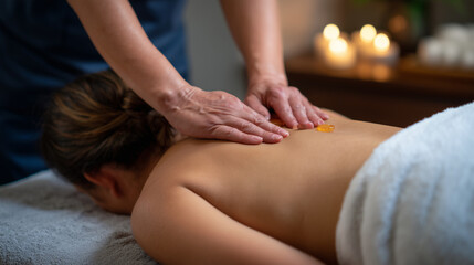 Woman receiving cupping therapy on her back, traditional Chinese medicine treatment for pain relief and relaxation, hijama at spa salon concept, neutral color palette, spa accessor