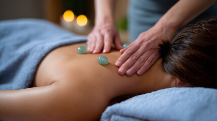 Naklejka premium Woman receiving cupping therapy on her back, traditional Chinese medicine treatment for pain relief and relaxation, hijama at spa salon concept, neutral color palette, spa accessor