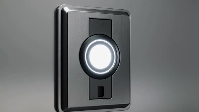 Hand using modern wall-mounted smart doorbell with glowing LED ring, close-up on gray wall