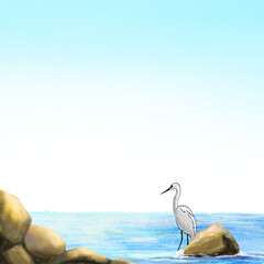 Obraz premium Egret stands beside the calm sea and rock background illustration