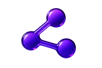 Glossy purple share icon symbol with connection nodes 3d render isolated on transparent background